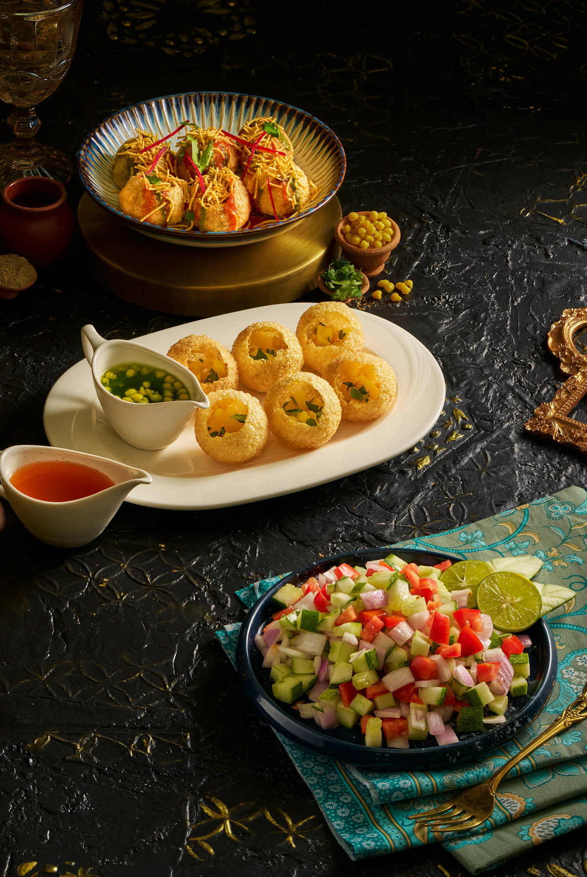 A colourful selection of Indian snacks and accompaniments