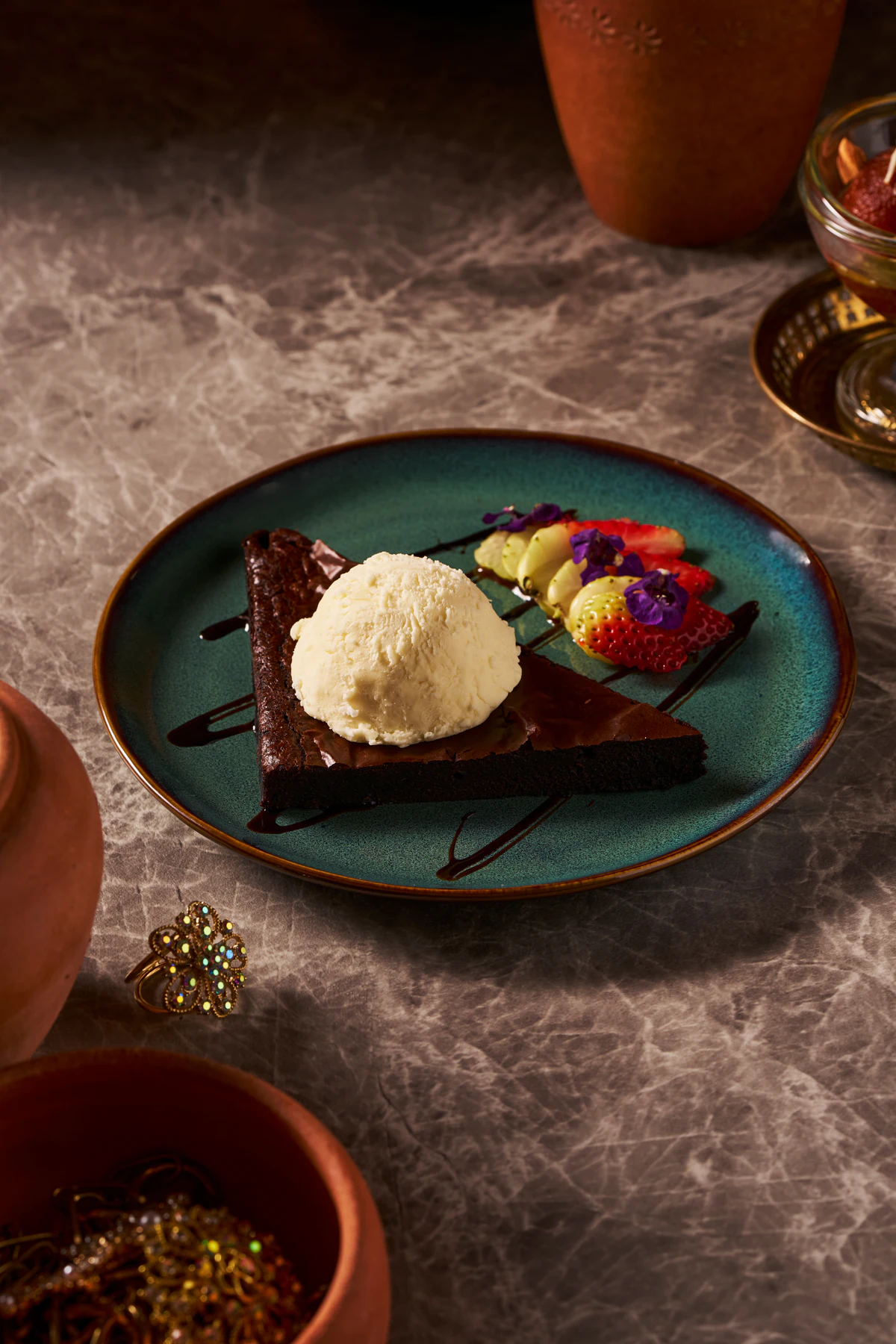 Chocolate dessert with ice cream