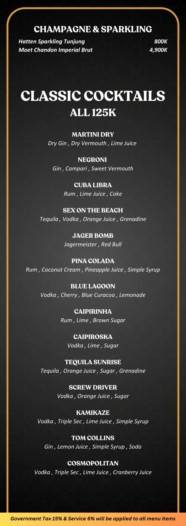 Bollywood Indian Club Bali — Champagne & Sparkling / Classic Cocktails